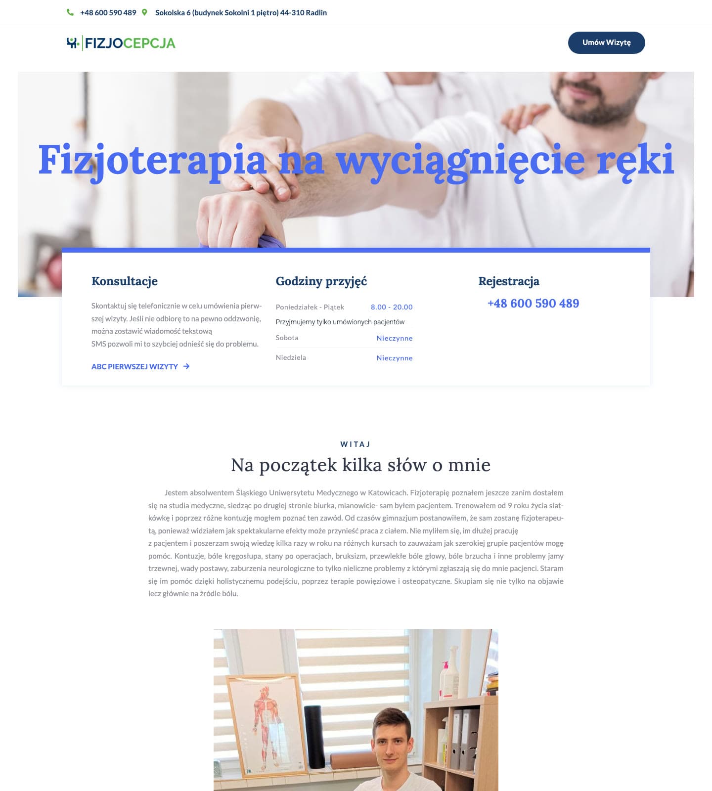 Strona internetowa gabinetu fizjoterapii Fizjocepcja — widok na komputerze