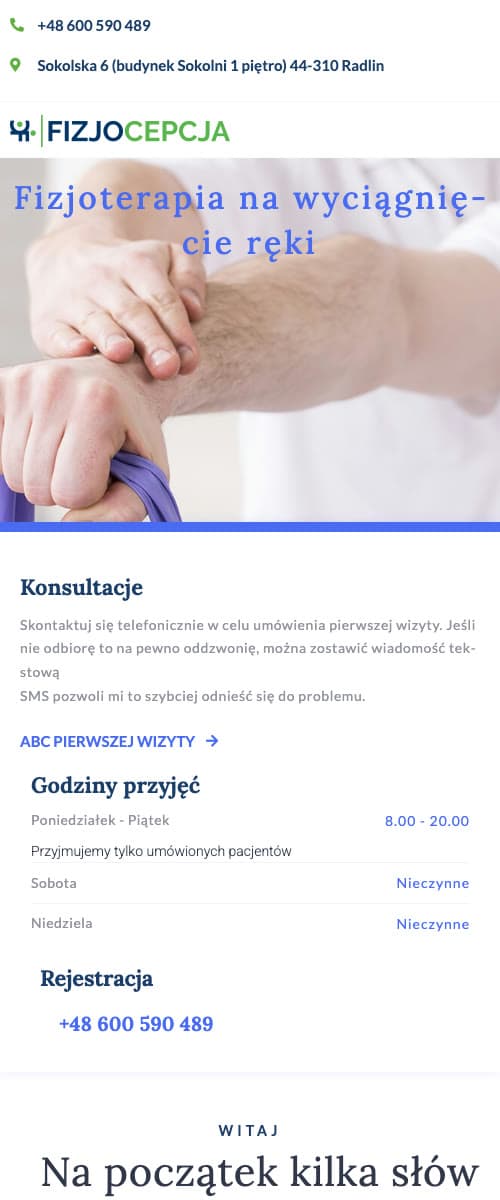 Strona internetowa dla fizjoterapeuty — widok mobilny z rezerwacją wizyt