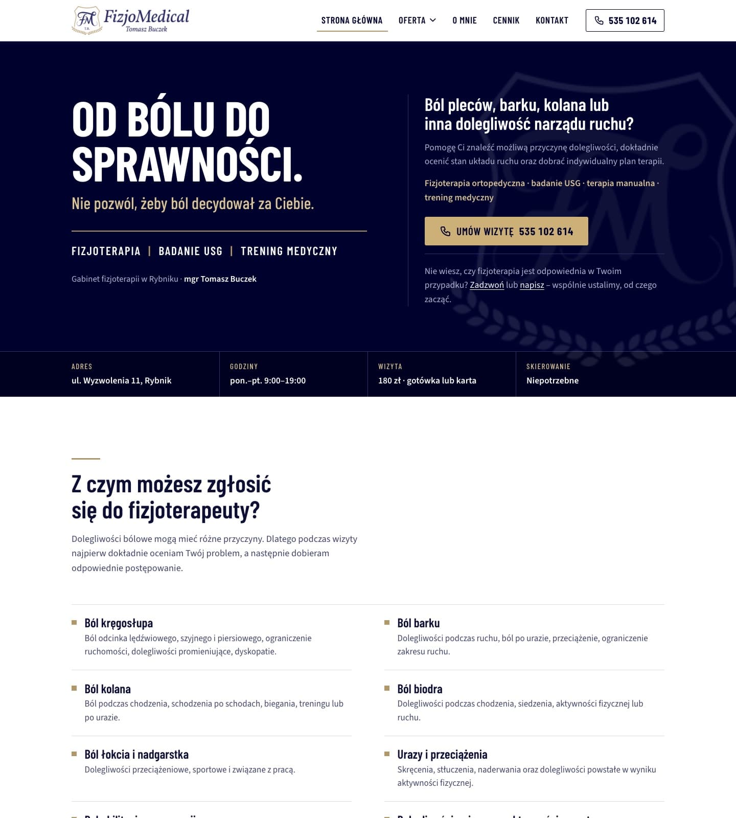 Strona internetowa gabinetu fizjoterapii FizjoMedical w Rybniku, widok na komputerze: motto, pasek faktów i przycisk z numerem telefonu