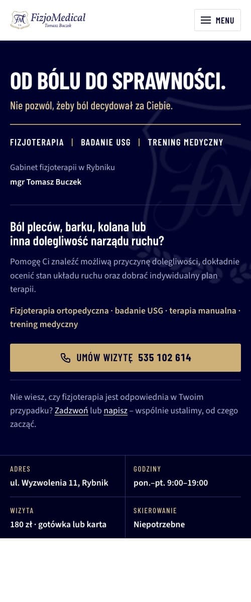 Strona internetowa dla fizjoterapeuty, widok mobilny z przyciskiem umówienia wizyty