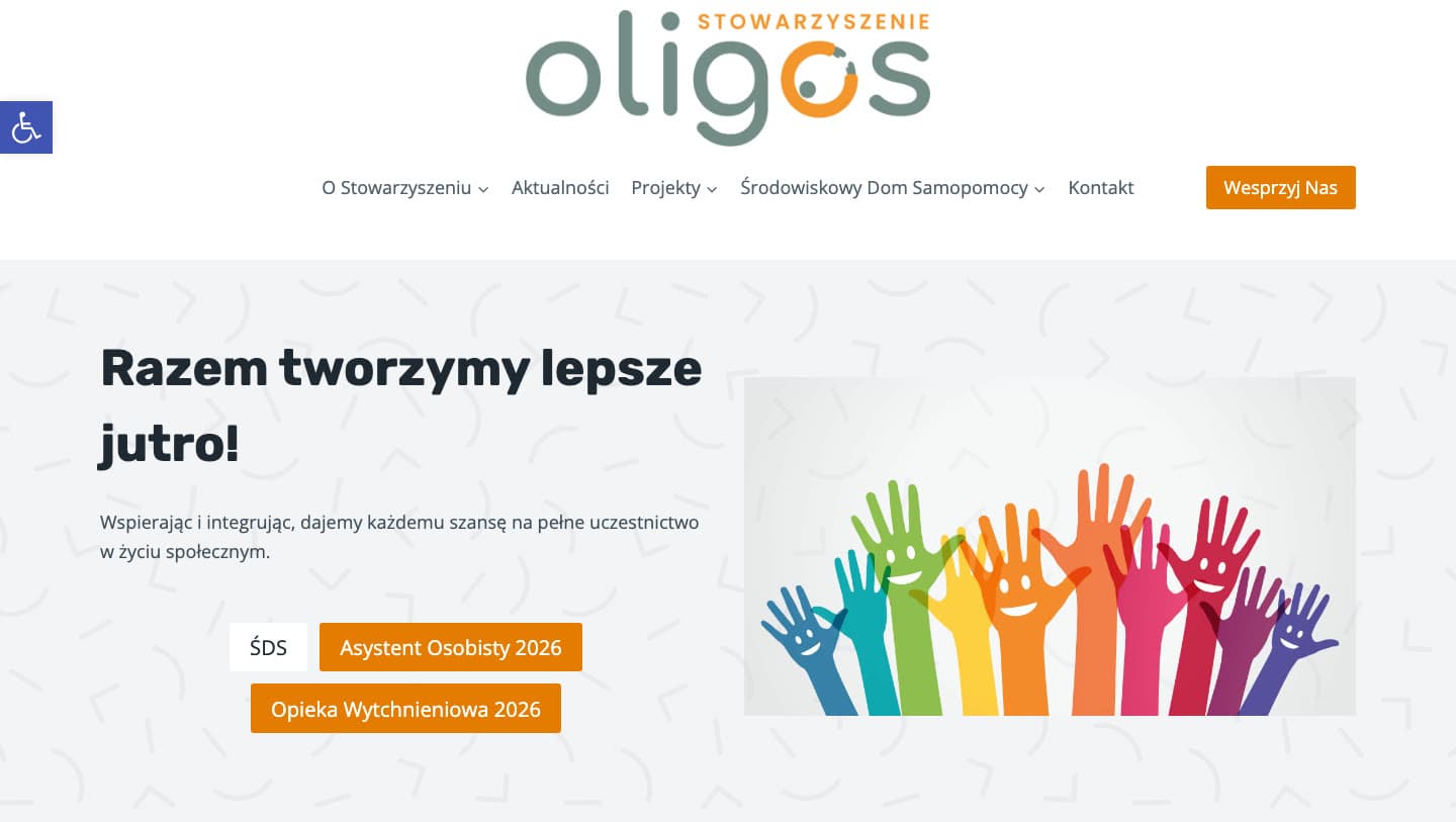 Strona internetowa Stowarzyszenia Oligos z narzędziami dostępności — widok na komputerze