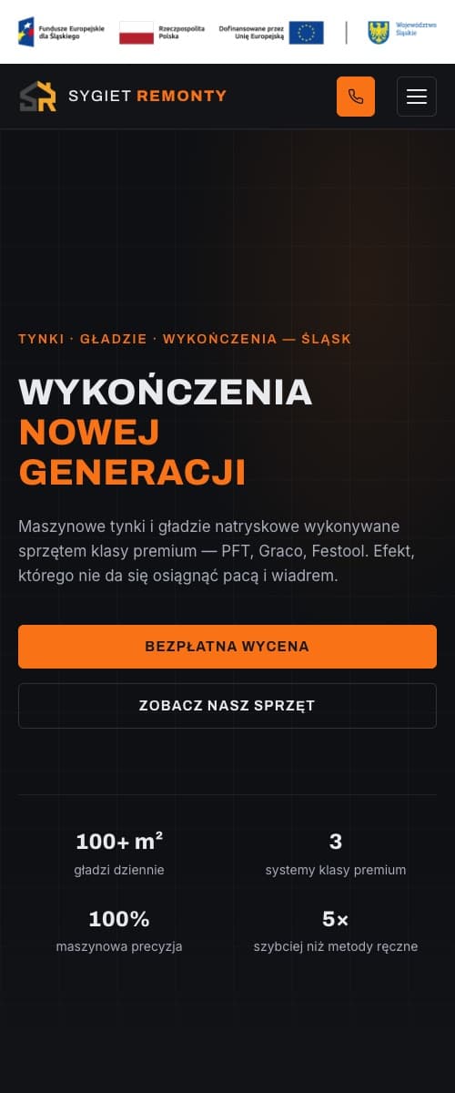 Strona internetowa dla firmy remontowej, widok mobilny z przyciskiem telefonu i bezpłatną wyceną
