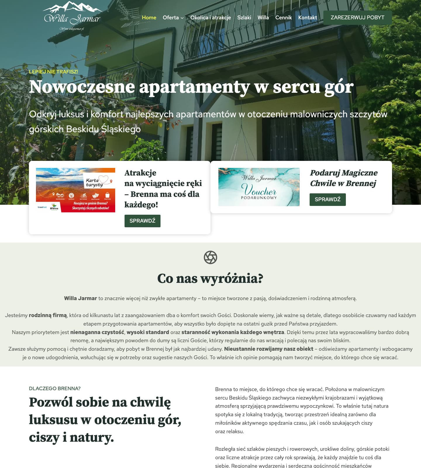 Strona internetowa obiektu noclegowego Willa Jarmar w Brennej — widok na komputerze