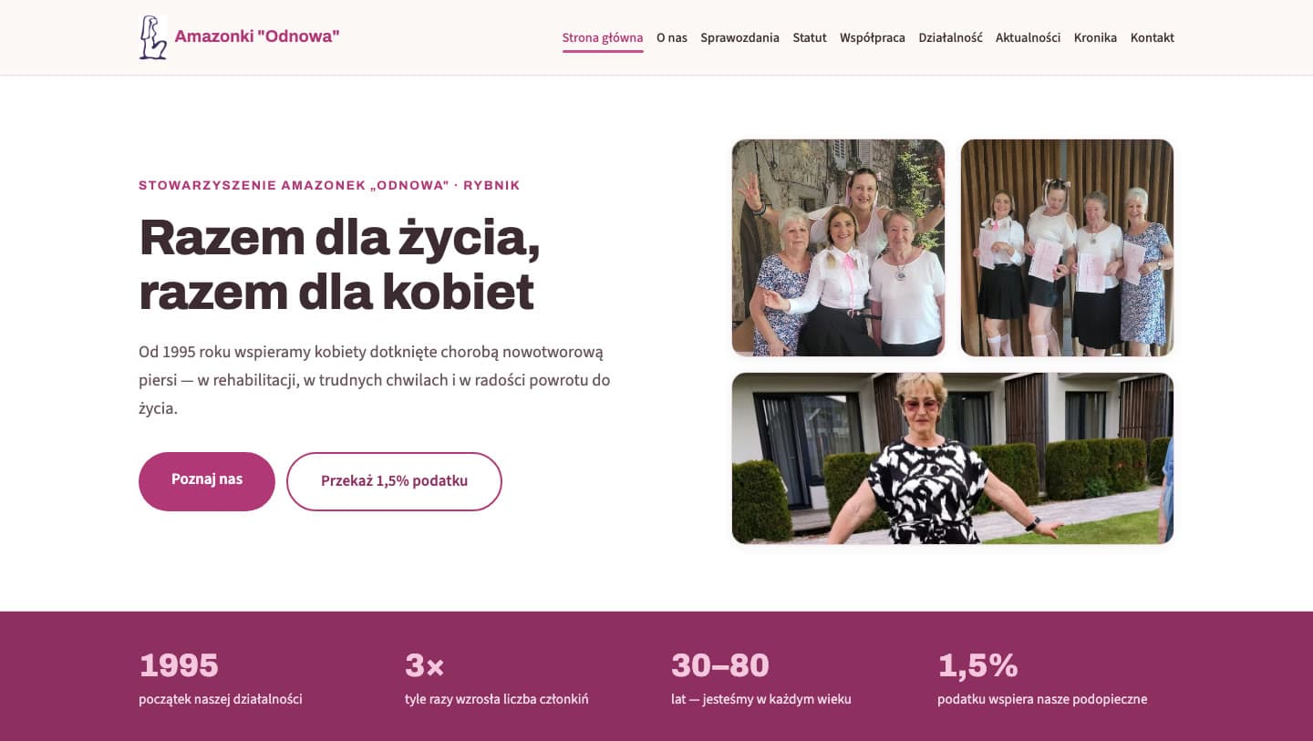 Strona internetowa stowarzyszenia Amazonki Odnowa z Rybnika — widok na komputerze
