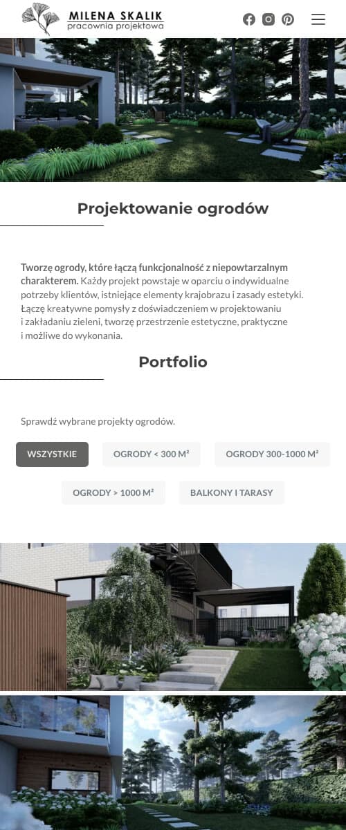 Strona-portfolio projektanta ogrodów — widok mobilny galerii realizacji